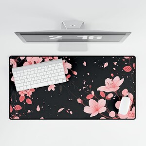 桜柄デスクマット、桜柄マウスパッド、花柄のエレガントなオフィス装飾、黒色の大型マウスパッド 画像 9