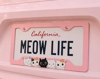 Kawaii Cats Metal License Cat Lovers Car Accessory Gift for Cat Mom Pink Print Car Decor Gift Pink License Plate Frame Cat Persons Gift