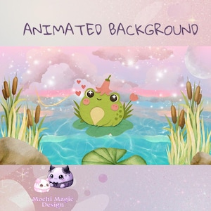 Puede incluir: Fondo animado con una rana verde con un sombrero de flores, sobre una hoja de nenúfar en un estanque. El fondo tiene un cielo rosa y púrpura con luna llena y destellos. El texto "Animated Background" está en la parte superior.