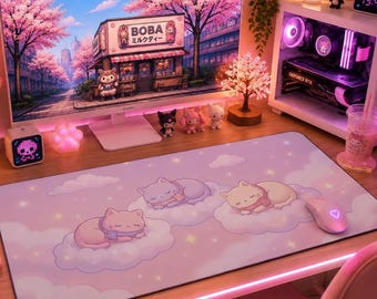 Kawaii Cat Mouse Pad, Pastel Aesthetic Desk Setup, Pink Cat Desk Pad, Cozy Gaming Mousepad, Cute Office Decor Gift
