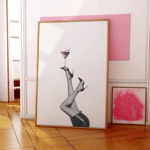Retro Cocktail Wall Art Digital Print - Bottoms Up Heels & Martini Decor do wózka barowego, zabawny plakat do kuchni Cosmopolitan Cocktail