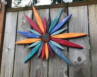Starburst Wall Art for Entryway, Garden, Patio, Fence (22”x18”x1.5”) - Outdoor Wooden Art Handcrafted by Laughing Creek