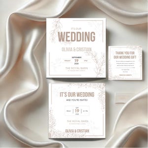 wedding package, elegant, save the date, design, adjustable, flowers, brown, beige, Canva template, wedding, cards