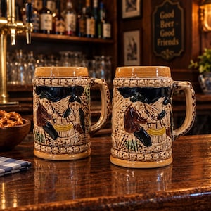 May include: Two ceramic beer steins featuring a raised relief design of two figures sitting at a table with a barrel. The mugs have a tan glazed finish with painted details in brown, black, and green, and each includes a sturdy side handle.