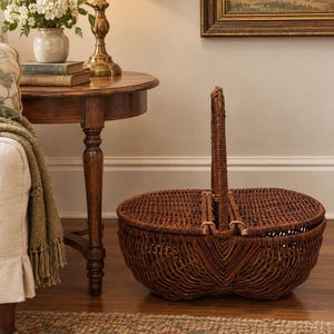 May include: A dark brown oval wicker basket featuring a hinged double-lid design that opens from the center. The basket has a tall, sturdy vertical handle attached to the middle, constructed from woven natural fibers with a textured finish.