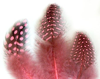 Pink spotted Guinea Hen Feathers (3 package size) bespoke millinery supply for headdress,mask,hair clip,earring,fascinator