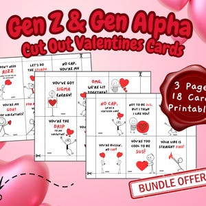 18 Gen Alpha Slang Valentine’s Day Cards Bundle, Trendy Cards for Kids, Easy Cut-Out Design, Stickman Slang Cards, Printable Cards Fun Slang