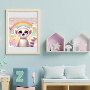 Set of 9 Adorable Animal Wall Art Prints - Digital Download for Kids Room Decor | Nursery Art with Pastel Rainbow