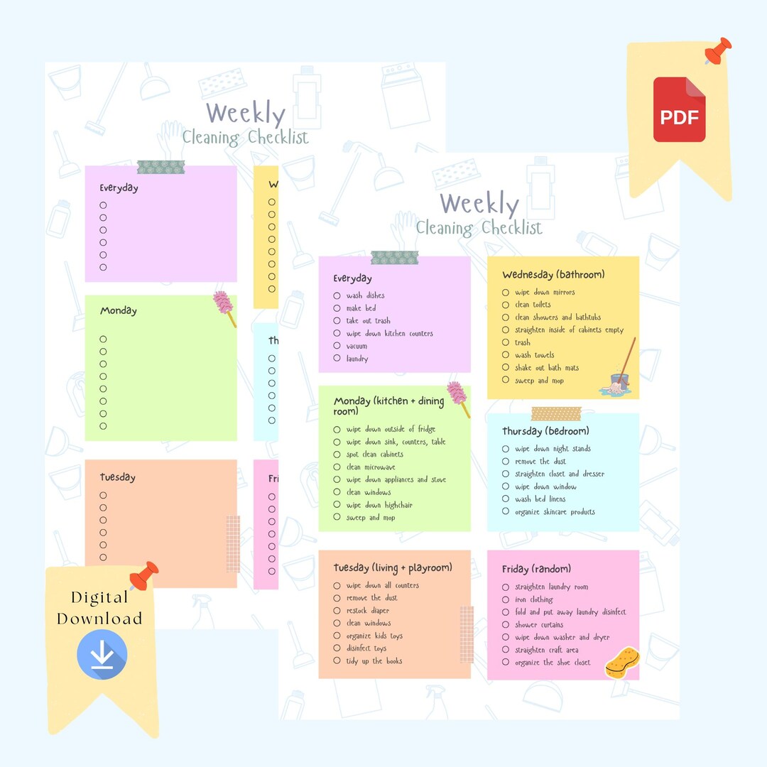 Printable Cleaning Checklist : Weekly Cleaning Chore Chart (PDF or PNG ...