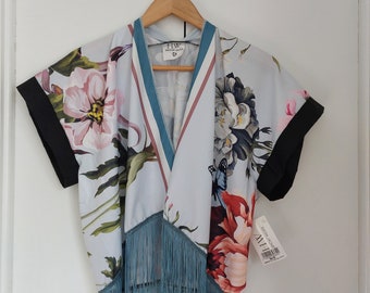 Pale blue Floral butterfly Kimono blue Fringe