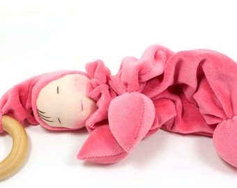Velour Teething Gnome Doll Waldorf Natural Materials Wooden Ring Baby Toys Washable Spring Colors