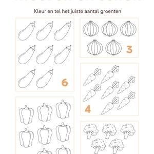 Może przedstawiać: Arkusz edukacyjny z tekstem "Kleuren en tellen" i "Kleur en tel het juiste aantal groenten". Arkusz zawiera ilustracje warzyw takich jak bakłażany, cebule, marchewki, papryki i brokuły, z liczbami 2, 3, 4, 5 i 6.