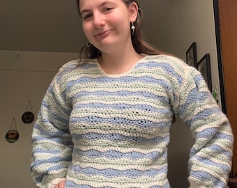 Crocheted Blue, Green, and White Women’s Medium Sweater - handmade/hand crocheted