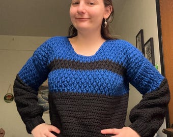 Blue and Black Snowy Peaks Sweater - US Women's medium handmade/hand crocheted sweater