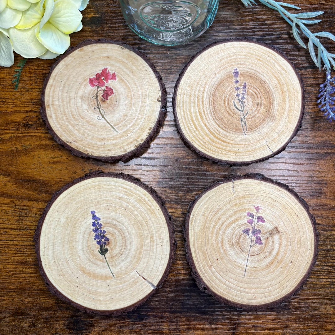 Handcrafted Wooden Coasters Set of 4, Minimalistic Natural Beverage ...