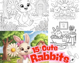 Cute Rabbit Coloring Pages for Kids,bunny coloring , 15 Printable Bunny Coloring , Digital Download PDF, Fun Activity, 8.5x8.5 Inch Pages