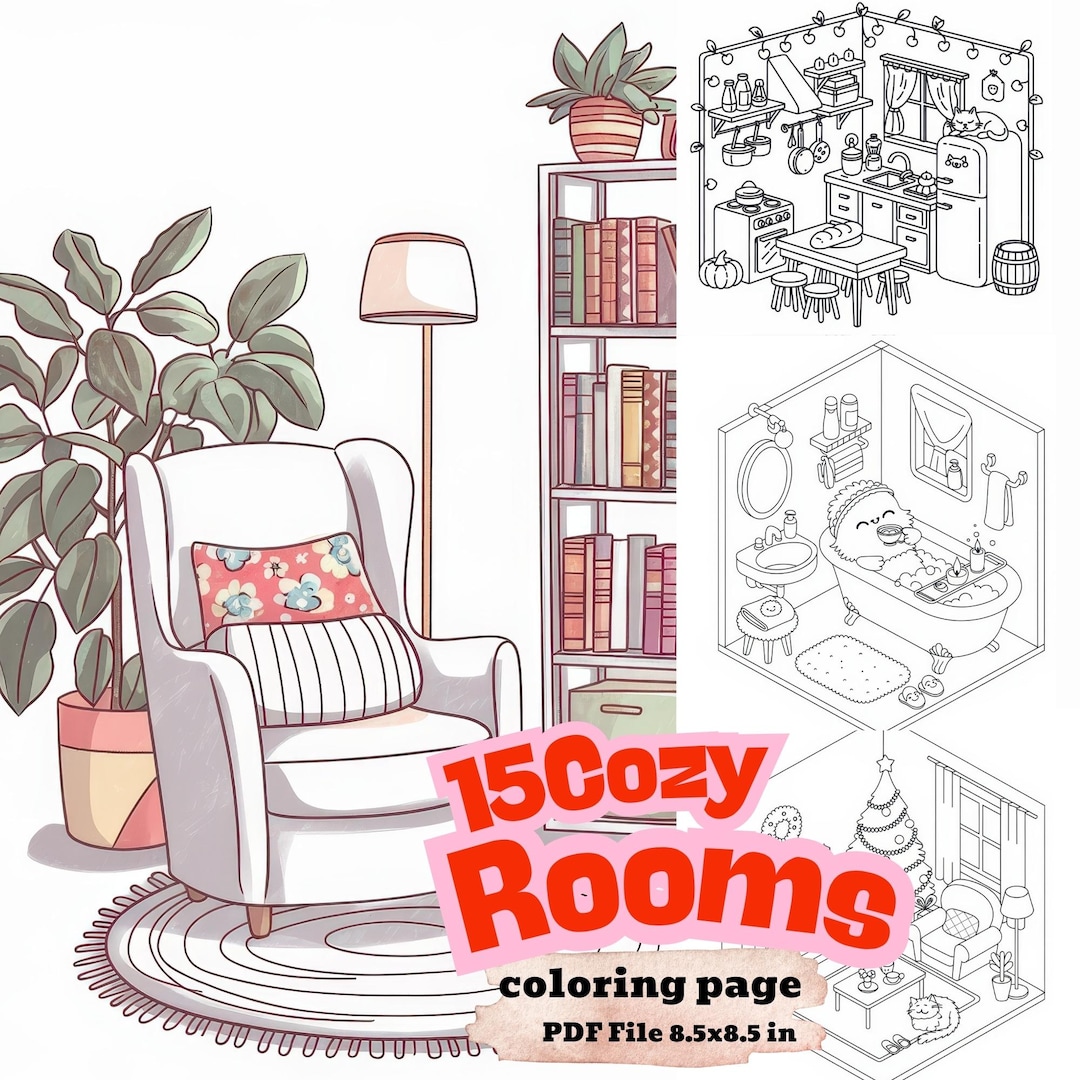 Cozy Room Coloring Book: 15 Home Interior Designs (digital Download PDF ...