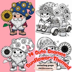 Cute Gnome Sunflower Coloring Pages, 14 Printable Gnome Coloring Sheets, Sunflower Gnome PDF, Farmhouse Gnome Art, Kids Adult Coloring
