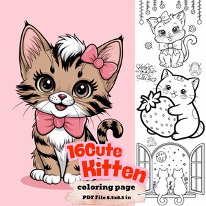 16 Cute Kitten Coloring Pages, Adorable Cat Printable, Fun Digital Coloring for Kids & Adults, Instant PDF Download 8.5x8.5 in
