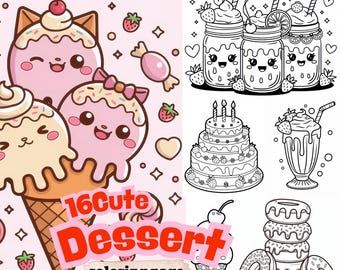 かわいいデザートのぬり絵、16種類のかわいいお菓子のPDF、楽しいアイスクリームドーナツカップケーキ、愛らしい食べ物のぬり絵シート、すぐにダウンロード