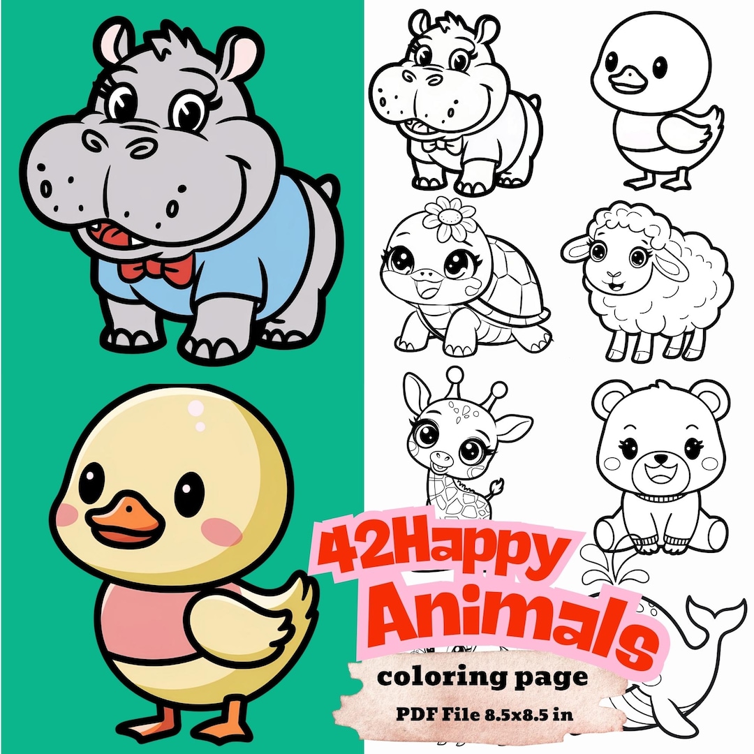 42 Cute Happy Animals Coloring Pages for Kids – Printable Digital PDF ...
