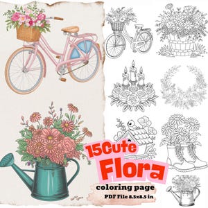 15 Cute Floral Coloring Pages, Printable Flower Coloring Book for Adults and Kids, Digital Download PDF, Relaxing Nature Art Therapy
