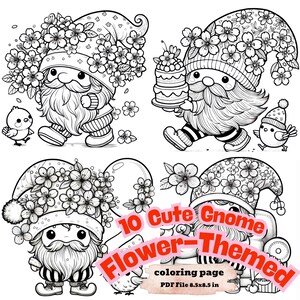 Cute Gnome Flower Coloring Pages, 10 Printable Gnome PDF, Floral Gnome Coloring Book for Kids and Adults, Spring Gnome Digital Download