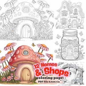 Fairy Tale Homes and Shops Coloring Pages, Printable PDF, Cute Mushroom House Coloring, Whimsical Cottage Coloring, Fantasy Art Download
