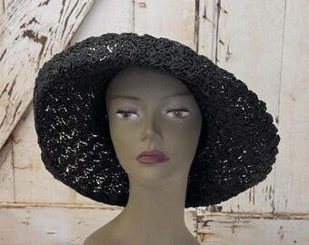 Vintage Black Straw Sun Hat with Bead Trim Wide Brim Crochet Style Church Hat