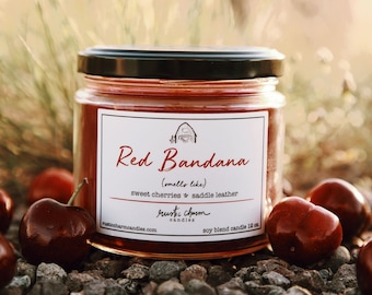 Red Bandana Leather & Cherry Scent Candle Cotton Wick Rustic Charm