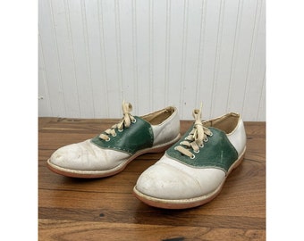 vintage Biltrite Ladies Saddle Shoes Taille 7 B Vert Blanc Cheer Cheerleading Pep