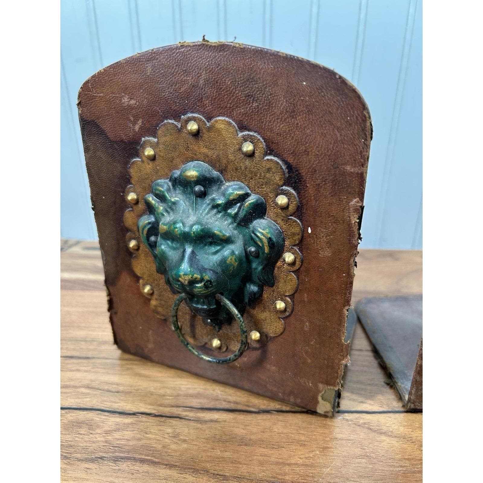 Pull Bookends Vintage Italian Leather Wrapped Lion Head Bookends Brass Ring Pull ...