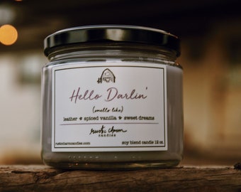 Hello Darlin&#39; Candle  Cotton Wick Rustic Charm Vanilla Lavender Leather