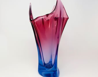 Vintage Hand Blown Sommerso Art Glass Vase Blue Pink Handkerchief Murano Style