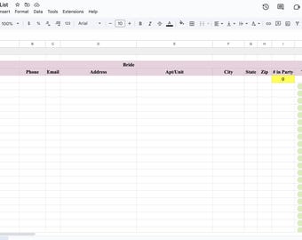 May include: A spreadsheet with column headers for a wedding guest list, including name, phone, email, address, city, state, zip code, number in party, tier, STD, and invite. The spreadsheet is empty except for the column headers.