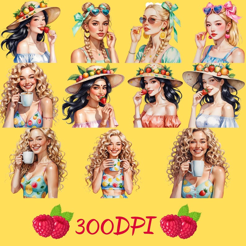 May include: A digital illustration featuring nine women in various poses. Some are wearing hats adorned with fruit, while others hold mugs. The women are smiling and appear to be enjoying themselves. The background is a solid yellow color, with the text "300DPI" at the bottom.