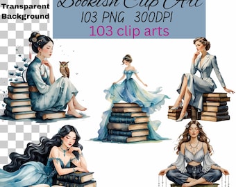 Watercolor Whimsical book clipart- bookish woman clipart, Bookworm illustration, Floral book clipart, Book Lovers PNG, reading Book Clipart