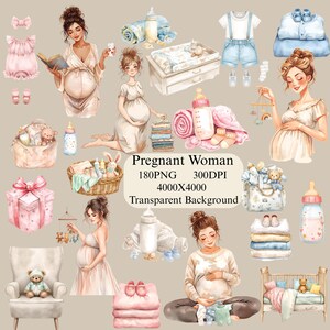 Puede incluir: Ilustraciones en acuarela de una persona embarazada con artículos para bebés. La imagen incluye un cambiador, ropa de bebé, una cuna, una caja de regalo, un bolso de bebé y un biberón. El texto de la imagen dice "Pregnant Woman".
