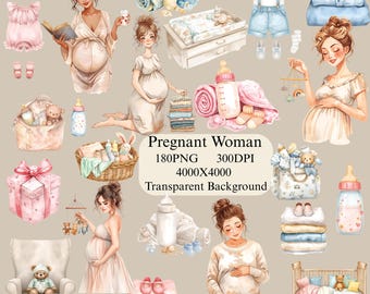 180 Pregnant Woman Watercolor Clipart | Maternity Illustration | Baby Shower Clip Art | Expecting Mom PNG | Pregnancy Art Download | Trendy