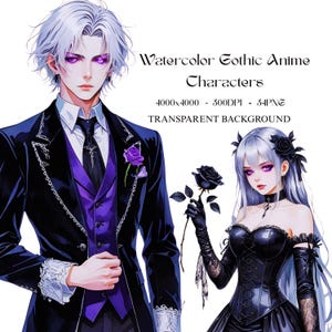 Watercolor Gothic Anime Characters–Dark Fantasy Art, Transparent Background, High Quality, Sublimation Design, Junk Journal, Invitation, PNG