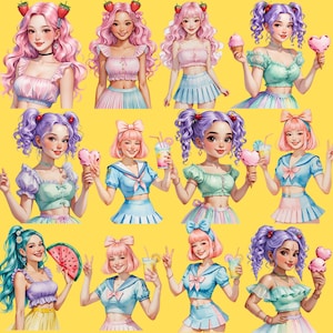 May include: A collection of twelve illustrations of anime-style girls with colorful hair and outfits. The girls are depicted in various poses, some holding ice cream cones or drinks. The color palette includes pink, blue, and purple hues against a yellow background.