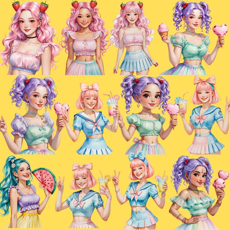 May include: A collection of twelve illustrations of anime-style girls with colorful hair and outfits. The girls are depicted in various poses, some holding ice cream cones or drinks. The color palette includes pink, blue, and purple hues against a yellow background.