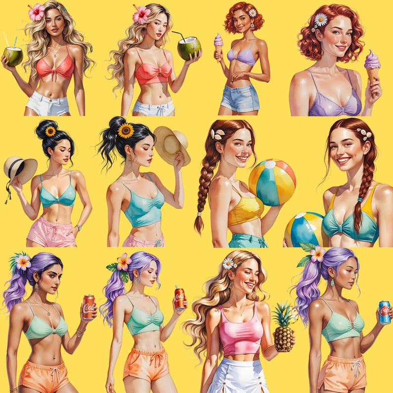 May include: A vibrant illustration featuring multiple women in summer attire against a yellow backdrop. They are holding items like coconuts, ice cream, beach balls, and soda cans. The women are wearing swimwear and shorts, with flowers in their hair.