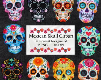 Watercolor Mexican Skull Clipart | Día de los Muertos Sugar Skull Art | Vibrant Printable Design | High Quality PNG, Digital Download.