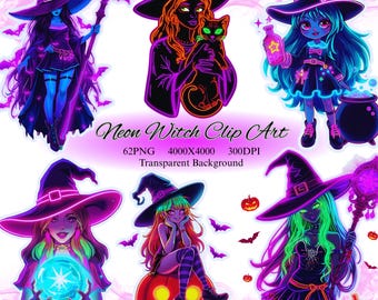 Pacchetto di clipart di streghe ad acquerello al neon - Clipart spettrali di Halloween, illustrazioni di Halloween, clipart di Halloween carine e inquietanti, download digitale