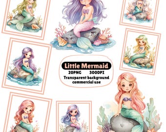 Watercolor Mermaid Clipart Bundle, Under the Sea Ocean Animals, Fantasy Underwater Castle, Cute Kids Mermaid PNG, Commercial Use, Digital
