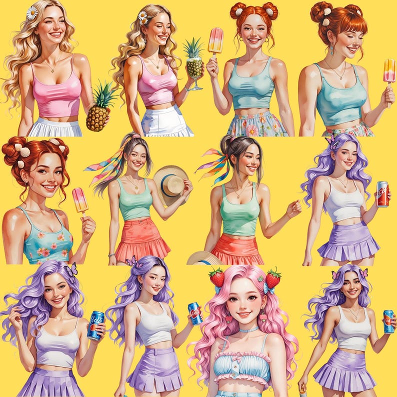 May include: A vibrant illustration featuring multiple women in summer attire. They are depicted with various hairstyles, holding items like pineapples, popsicles, and beverages. The color palette includes pink, blue, and purple against a yellow background, creating a cheerful summer theme.