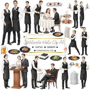 May include: Watercolor clip art featuring various waiters and waitresses in black and white uniforms, serving food and drinks. The image includes a couple at a table, plates of food, and text that reads "Watercolor Waiter Clip Art".