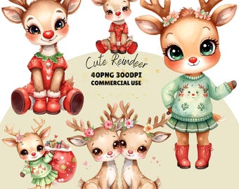 Paquete de imágenes prediseñadas de renos navideños en acuarela: diseños gráficos de renos festivos, descarga digital instantánea, uso comercial ilimitado