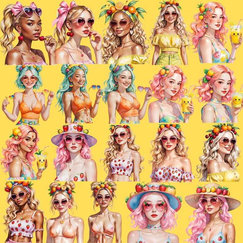 May include: A collage of illustrations featuring women with fruit-themed accessories, such as headbands, sunglasses, and earrings. The women are depicted in various poses, some holding fruit or drinks, against a bright yellow background. The overall theme is summery and playful.